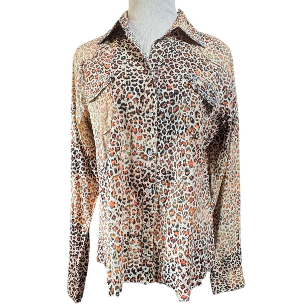 A Rare Bird Western Shirt Women XL Leopard Print Rhinestone Embellished Tan